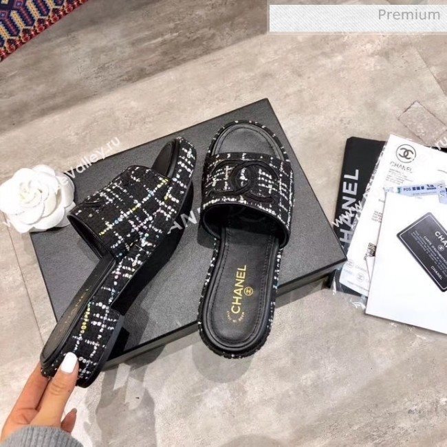Chanel CC Tweed Flat Slide Sandals Black/White 2020 (MD-20033126)