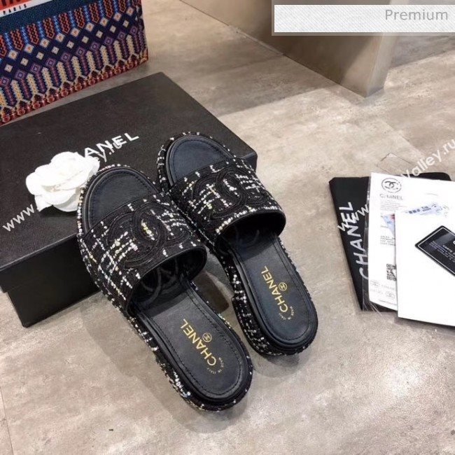 Chanel CC Tweed Flat Slide Sandals Black/White 2020 (MD-20033126)