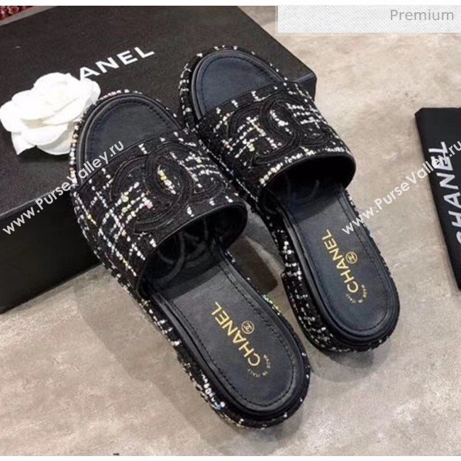 Chanel CC Tweed Flat Slide Sandals Black/White 2020 (MD-20033126)