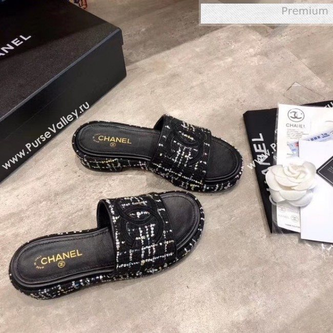 Chanel CC Tweed Flat Slide Sandals Black/White 2020 (MD-20033126)