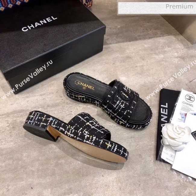 Chanel CC Tweed Flat Slide Sandals Black/White 2020 (MD-20033126)