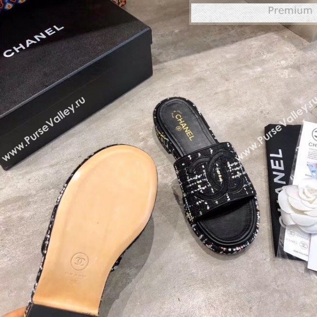 Chanel CC Tweed Flat Slide Sandals Black/White 2020 (MD-20033126)