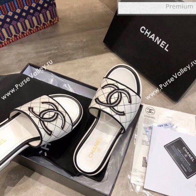 Chanel CC Quilted Flat Slide Sandals White/Black 2020 (MD-20033127)