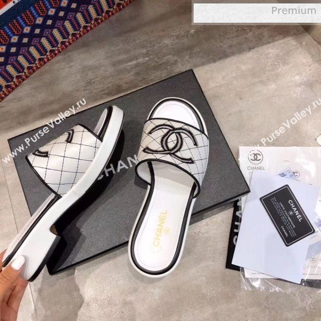 Chanel CC Quilted Flat Slide Sandals White/Black 2020 (MD-20033127)