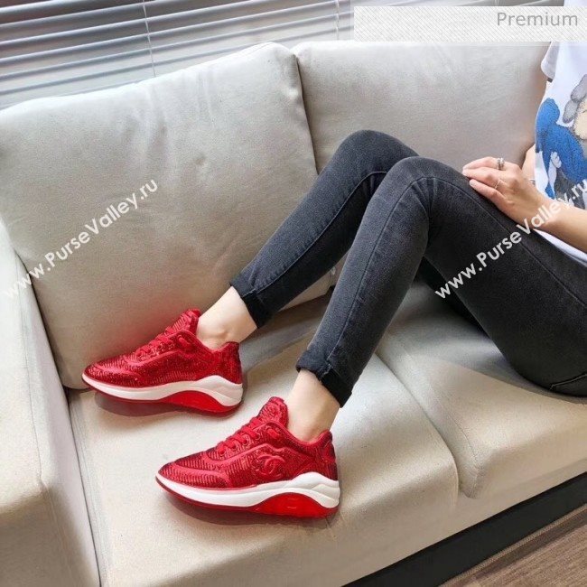 Chanel CC Logo Sequins &amp; Leather Sneakers G35936 Red 2020 (MD-20033128)
