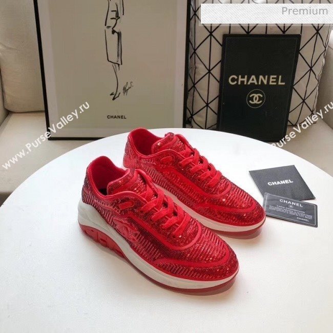 Chanel CC Logo Sequins &amp; Leather Sneakers G35936 Red 2020 (MD-20033128)