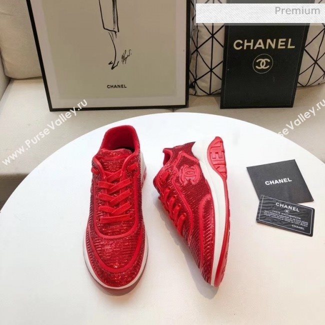 Chanel CC Logo Sequins &amp; Leather Sneakers G35936 Red 2020 (MD-20033128)
