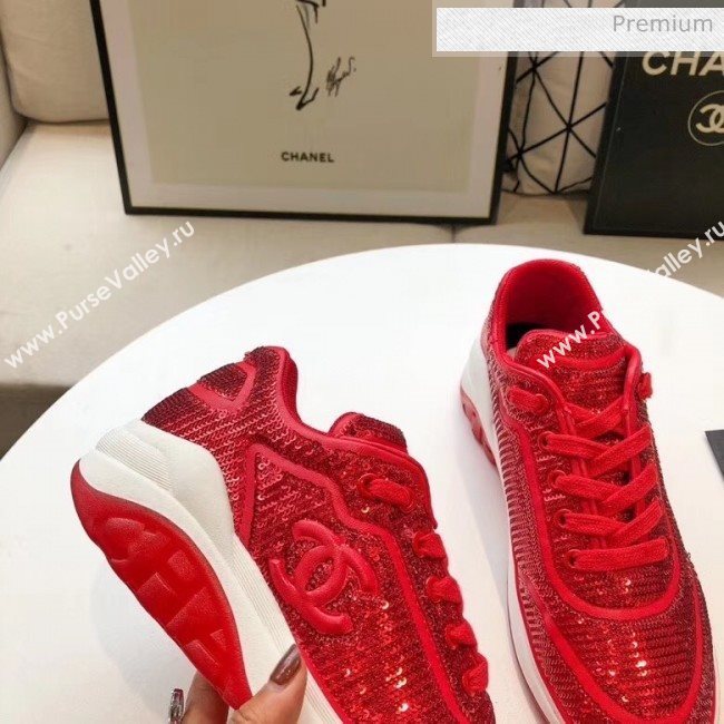 Chanel CC Logo Sequins &amp; Leather Sneakers G35936 Red 2020 (MD-20033128)
