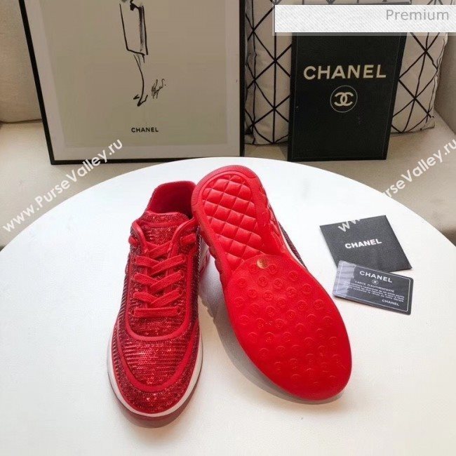 Chanel CC Logo Sequins &amp; Leather Sneakers G35936 Red 2020 (MD-20033128)