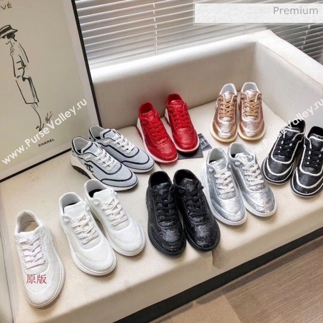 Chanel CC Logo Sequins &amp; Leather Sneakers G35936 Red 2020 (MD-20033128)