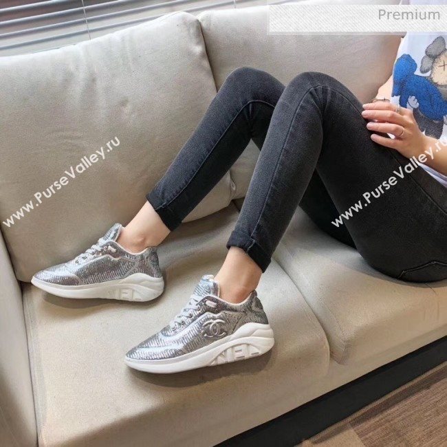 Chanel CC Logo Sequins &amp; Leather Sneakers G35936 Silver 2020 (MD-20033129)
