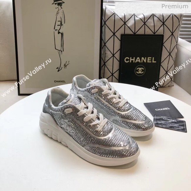 Chanel CC Logo Sequins &amp; Leather Sneakers G35936 Silver 2020 (MD-20033129)