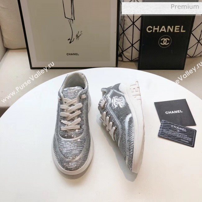 Chanel CC Logo Sequins &amp; Leather Sneakers G35936 Silver 2020 (MD-20033129)