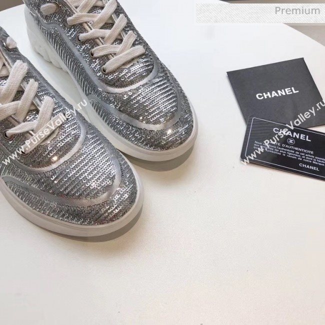 Chanel CC Logo Sequins &amp; Leather Sneakers G35936 Silver 2020 (MD-20033129)