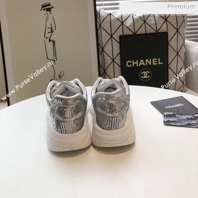 Chanel CC Logo Sequins &amp; Leather Sneakers G35936 Silver 2020 (MD-20033129)
