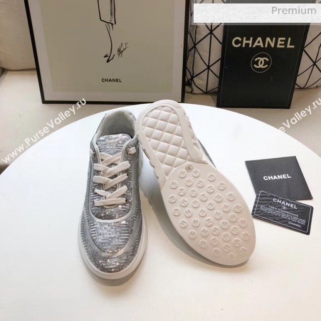 Chanel CC Logo Sequins &amp; Leather Sneakers G35936 Silver 2020 (MD-20033129)