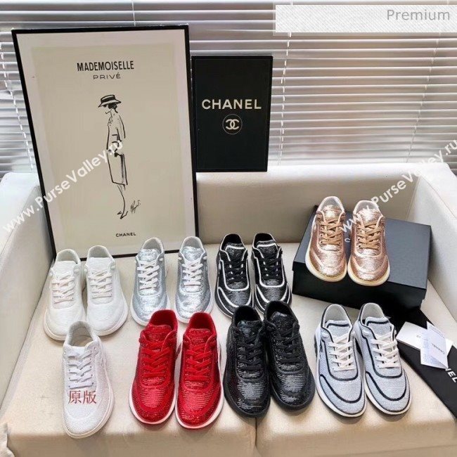 Chanel CC Logo Sequins &amp; Leather Sneakers G35936 Silver 2020 (MD-20033129)