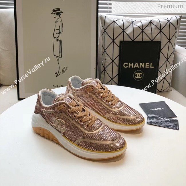 Chanel CC Logo Sequins &amp; Leather Sneakers G35936 Light Gold 2020 (MD-20033131)