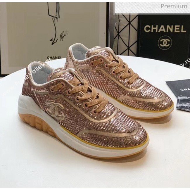 Chanel CC Logo Sequins &amp; Leather Sneakers G35936 Light Gold 2020 (MD-20033131)