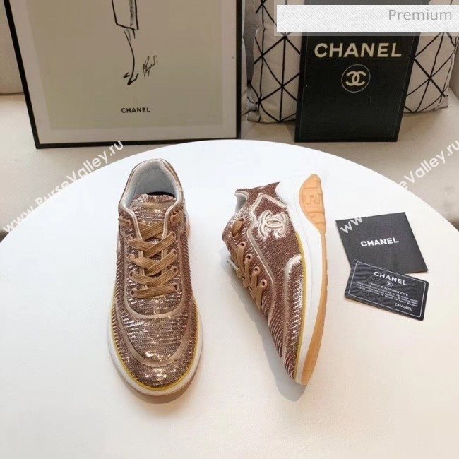 Chanel CC Logo Sequins &amp; Leather Sneakers G35936 Light Gold 2020 (MD-20033131)