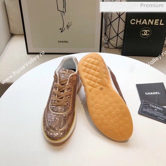 Chanel CC Logo Sequins &amp; Leather Sneakers G35936 Light Gold 2020 (MD-20033131)