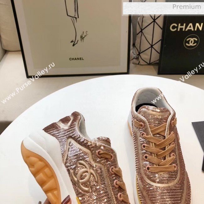 Chanel CC Logo Sequins &amp; Leather Sneakers G35936 Light Gold 2020 (MD-20033131)