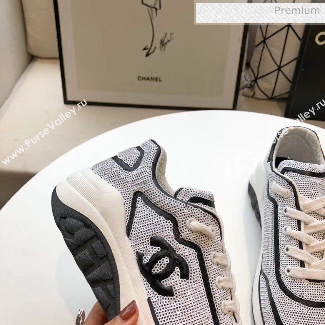Chanel CC Logo Sequins &amp; Leather Sneakers G35936 White/Black 2020 (MD-20033130)