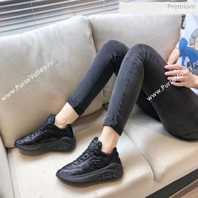 Chanel CC Logo Sequins &amp; Leather Sneakers G35936 Black 2020 (MD-20033132)