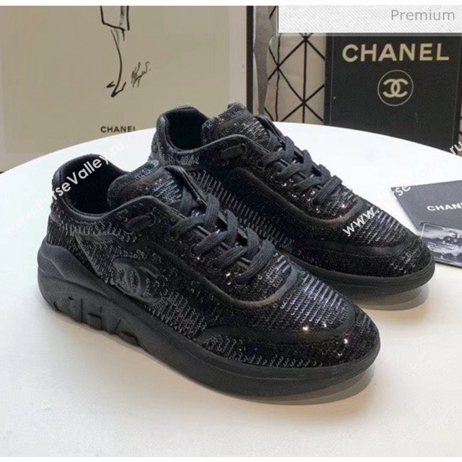 Chanel CC Logo Sequins &amp; Leather Sneakers G35936 Black 2020 (MD-20033132)