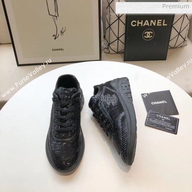 Chanel CC Logo Sequins &amp; Leather Sneakers G35936 Black 2020 (MD-20033132)