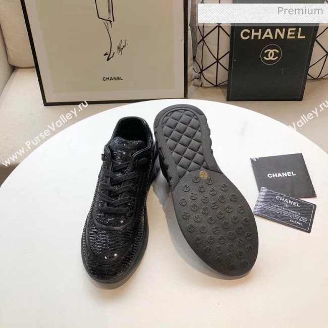 Chanel CC Logo Sequins &amp; Leather Sneakers G35936 Black 2020 (MD-20033132)