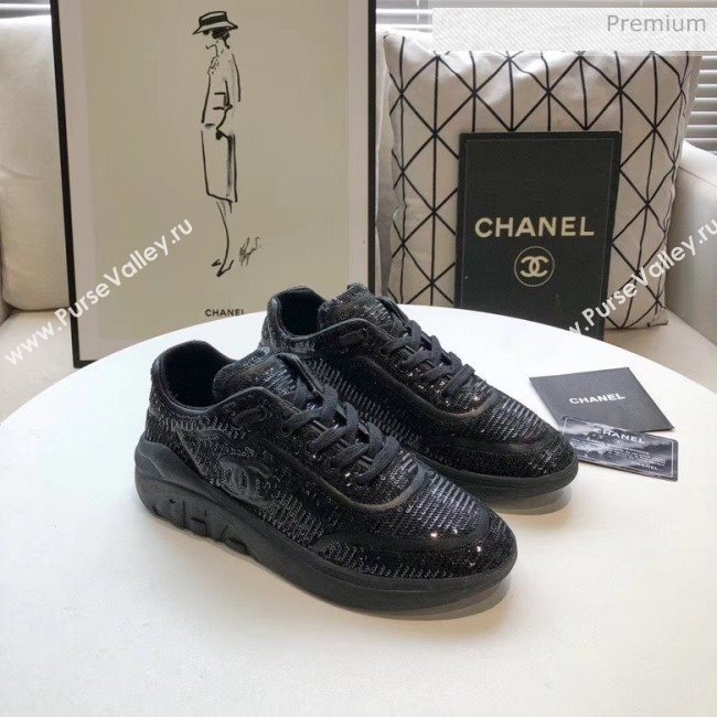 Chanel CC Logo Sequins &amp; Leather Sneakers G35936 Black 2020 (MD-20033132)