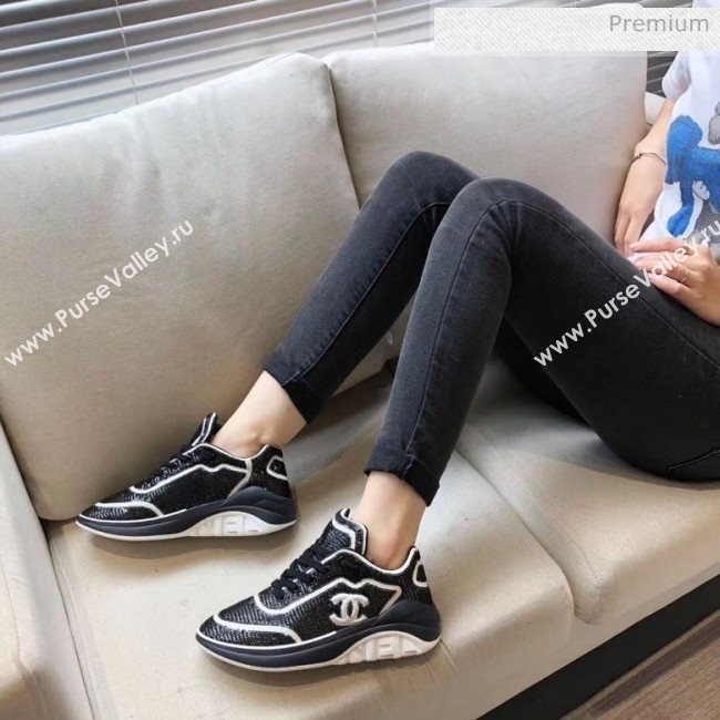 Chanel CC Logo Sequins &amp; Leather Sneakers G35936 Black/White 2020 (MD-20033133)