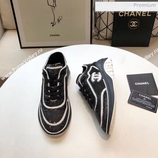 Chanel CC Logo Sequins &amp; Leather Sneakers G35936 Black/White 2020 (MD-20033133)