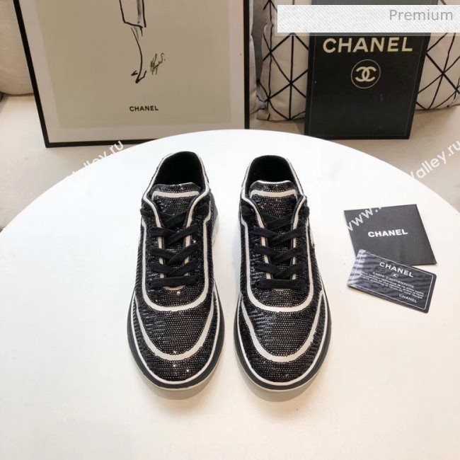 Chanel CC Logo Sequins &amp; Leather Sneakers G35936 Black/White 2020 (MD-20033133)