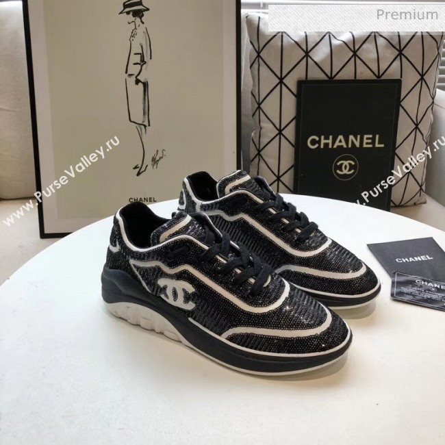 Chanel CC Logo Sequins &amp; Leather Sneakers G35936 Black/White 2020 (MD-20033133)