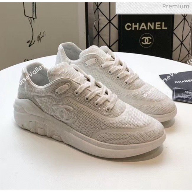 Chanel CC Logo Sequins &amp; Leather Sneakers G35936 White 2020 (MD-20033134)