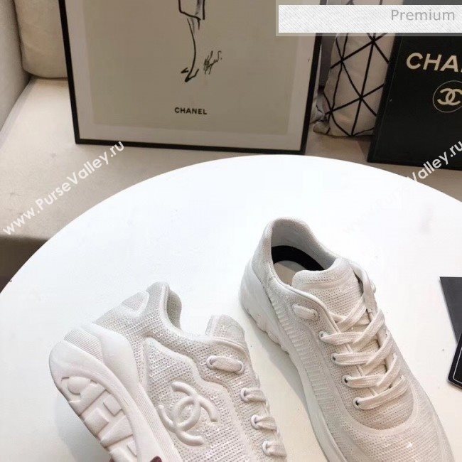 Chanel CC Logo Sequins &amp; Leather Sneakers G35936 White 2020 (MD-20033134)