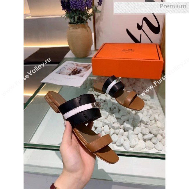 Hermes Calfskin Avenue Sandal Black/Brown/White 2020 (MD-20040127)