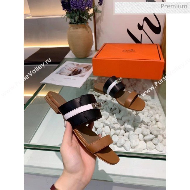 Hermes Calfskin Avenue Sandal Black/Brown/White 2020 (MD-20040127)