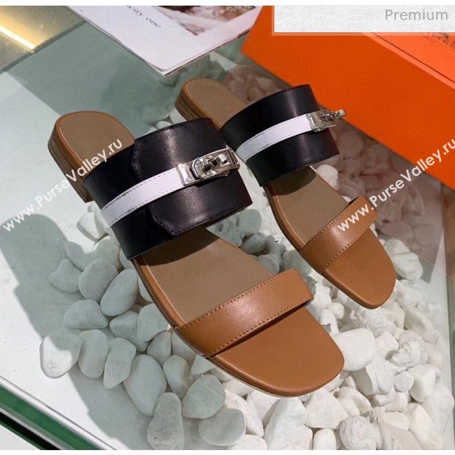 Hermes Calfskin Avenue Sandal Black/Brown/White 2020 (MD-20040127)