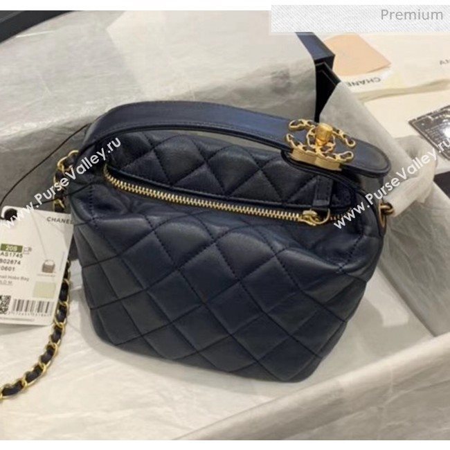 Chanel Quilted Leather Small Hobo Bag With Gold-Tone Metal AS1745 Navy Blue 2020 (KS-20040329)