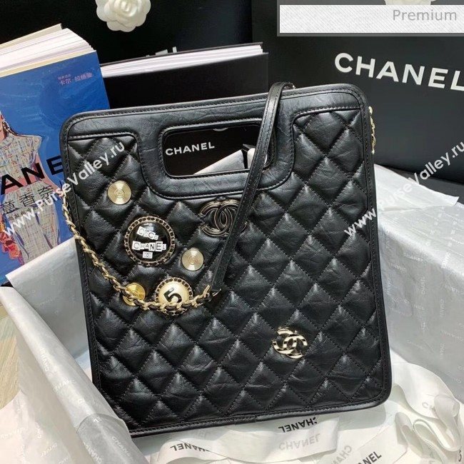 Chanel Aged Calfskin Small Shopping Bag With Charm AS1431 Black 2020 (AFEI-20040723)
