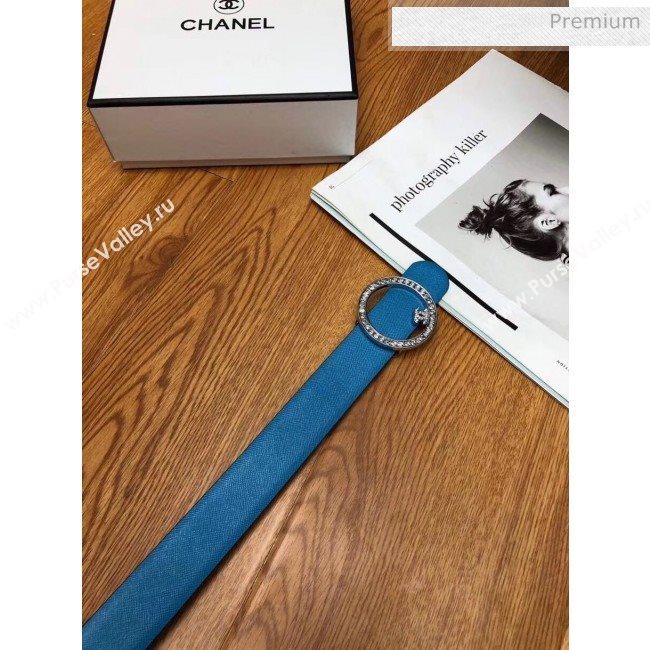 Chanel Width 3cm Grainy Calfskin Belt With Crystal Round Buckle Blue 2020 (99-20040811)