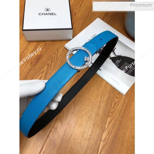 Chanel Width 3cm Grainy Calfskin Belt With Crystal Round Buckle Blue 2020 (99-20040811)