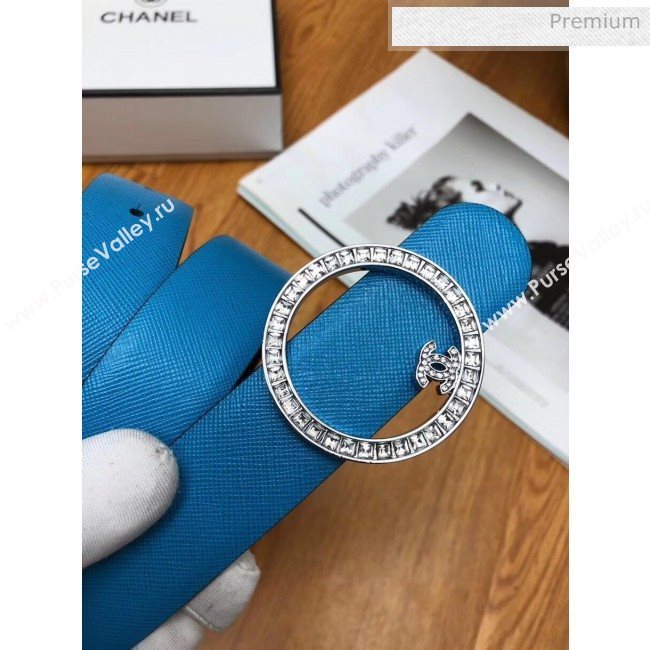 Chanel Width 3cm Grainy Calfskin Belt With Crystal Round Buckle Blue 2020 (99-20040811)