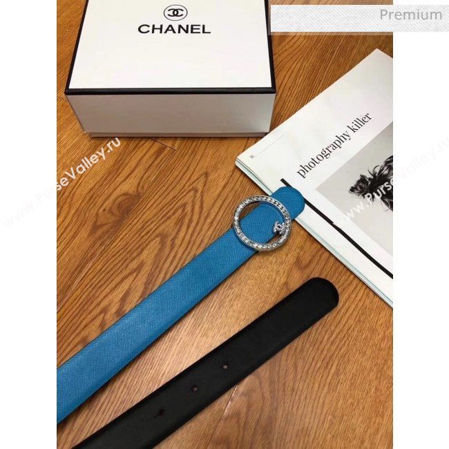 Chanel Width 3cm Grainy Calfskin Belt With Crystal Round Buckle Blue 2020 (99-20040811)