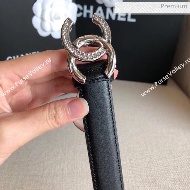 Chanel Width 2.5cm Smooth Calfskin Belt With Crystal CC Buckle Black 2020 (99-20040813)