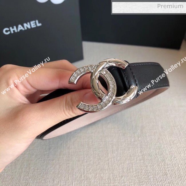 Chanel Width 2.5cm Smooth Calfskin Belt With Crystal CC Buckle Black 2020 (99-20040813)