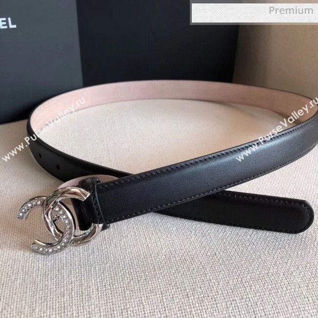 Chanel Width 2.5cm Smooth Calfskin Belt With Crystal CC Buckle Black 2020 (99-20040813)